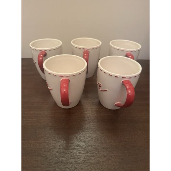 Williams-Sonoma "LOVE" Mugs Heart Set 5 Valentines Cup Stitching Red Handle Chip - Picture 5 of 10